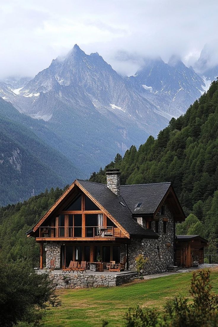 Alaskan mountain home with dark metal roof